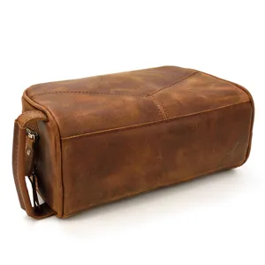 Vintage crazy horse leather toiletry bag for men and women double zipper wash bag brown