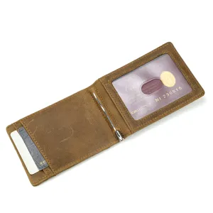 Vintage Echtleder Geldklammer Geldbörse mit transparentem Sichtfenster und Kartenfächern.