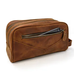 Vintage leather toiletry bag crazy horse leather pouch travel makeup organizer for men and women