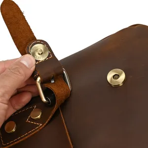 Men genuine leather briefcase detail view, vintage crazy horse leather laptop bag clasp.