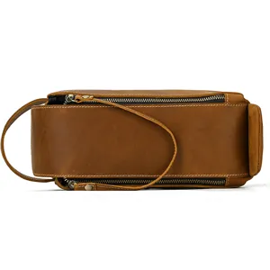 Vintage genuine leather toiletry bag detail view, retro crazy horse leather travel organizer.