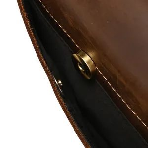 Detailed view of vintage crazy horse leather men's briefcase clasp and stitching texture.