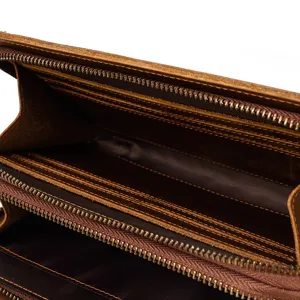 Vintage genuine leather long wallet, crazy horse clutch bag with multi card slots and zipper.