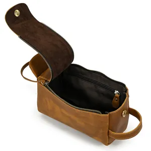 Vintage leather toiletry bag dopp kit for travel, brown cosmetic organizer pouch for men.