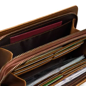 Detailed view of vintage genuine crazy horse leather long wallet with multiple card slots.