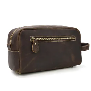 Vintage genuine leather toiletry bag detail view, multi-functional cosmetic storage pouch.