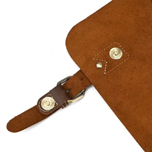 Detailed view of men's leather briefcase with vintage crazy horse texture and metal buckle.