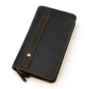 Vintage genuine leather long wallet for men, multifunctional clutch bag with card slots.