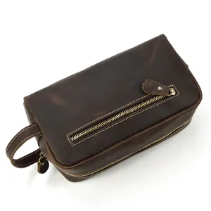 Vintage genuine leather toiletry bag for men, large capacity cosmetic organizer clutch.