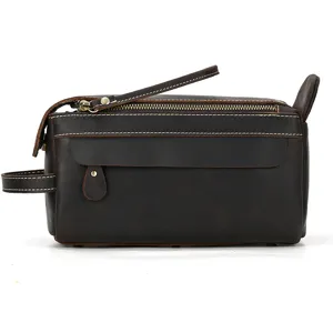 Vintage leather toiletry bag travel cosmetic organizer detail shot for daily use and travel.