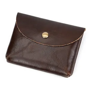 Genuine leather snap coin purse retro brown cowhide card holder mini wallet pouch pocket size