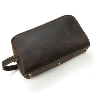 Vintage genuine leather toiletry bag for men, multi-functional cosmetic organizer pouch.