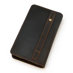 Vintage genuine leather long wallet for men, multifunctional crazy horse leather clutch bag with strap.