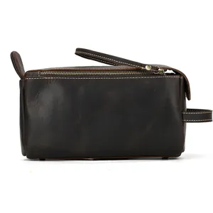 Vintage crazy horse leather toiletry bag, dark brown handmade zipper clutch for travel.