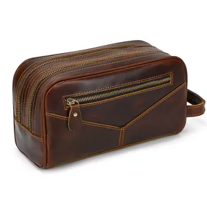 Vintage brown genuine leather toiletry bag, multi-zipper cosmetic travel organizer for adults.