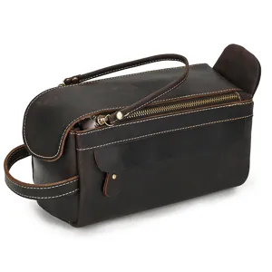 Vintage genuine leather toiletry bag for men and women, retro cosmetic wash organizer.