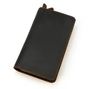 Vintage genuine crazy horse leather long wallet detail, premium dark brown cowhide zip purse.
