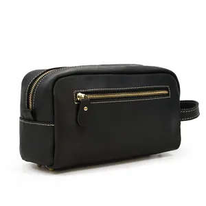 Black genuine leather toiletry bag, vintage multi-functional cosmetic storage and travel pouch.