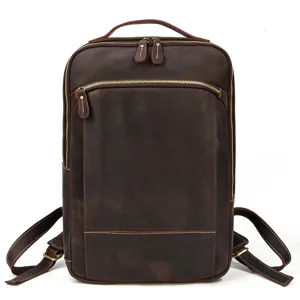 Close-up detail shot of retro brown crazy horse leather backpack showcasing fine stitching and hardware.