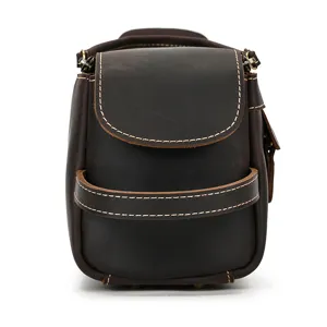 Retro leather toiletry bag side view, premium crazy horse leather travel makeup organizer.