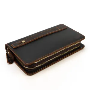 Vintage crazy horse leather long wallet, multi-card slot double zipper clutch bag for men.