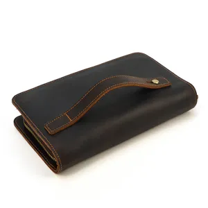 Vintage genuine leather long wallet detail shot, multi-functional crazy horse cowhide clutch bag.