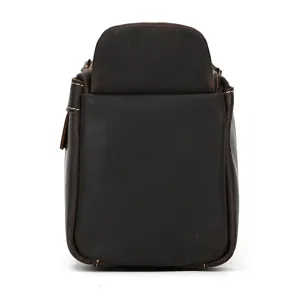 Vintage crazy horse leather toiletry bag side detail view, premium brown wash bag.