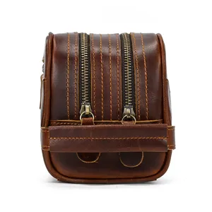 Genuine leather travel wash bag, retro crazy horse leather dopp kit, detail texture view.
