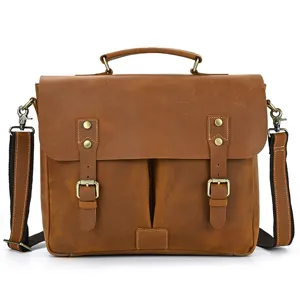 Vintage genuine leather men's briefcase, crazy horse laptop bag with handle and shoulder strap.
