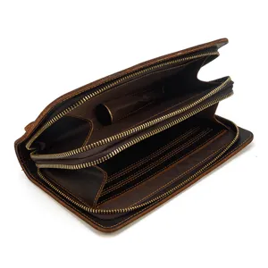 Vintage genuine leather long wallet, multi-card slot crazy horse clutch bag for men.