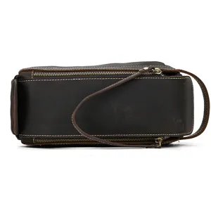 Vintage genuine leather toiletry bag, brown crazy horse leather travel makeup pouch for men.