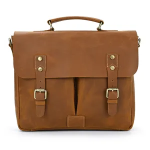 Vintage brown leather briefcase for men, crazy horse messenger and laptop shoulder bag.