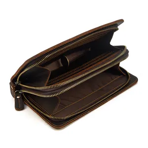 Vintage genuine leather long wallet, multi-card slot double zipper clutch detail.