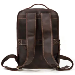 Vintage genuine leather backpack for men, casual business laptop rucksack in dark brown.