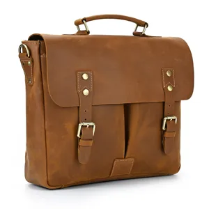 Vintage leather briefcase for men, retro brown laptop messenger bag with shoulder strap.