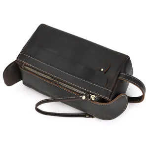 Vintage leather toiletry bag for men and women, genuine crazy horse leather wash bag and travel organizer.