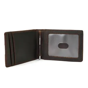 Minimalistisches braunes Crazy-Horse-Leder-Geldbörse mit Kartenfächern und Ausweisfenster.