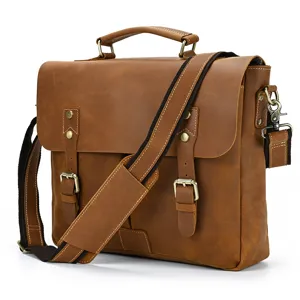 Vintage leather mens briefcase retro messenger shoulder bag laptop business bag brown