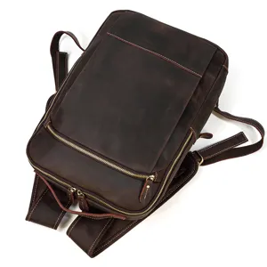 Men vintage crazy horse leather backpack large capacity business laptop school bag brown