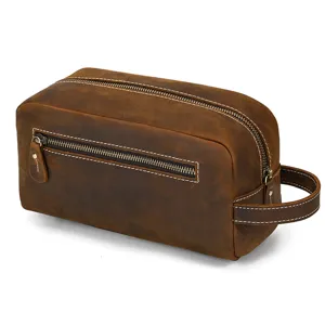 Vintage genuine leather toiletry bag for men, large capacity cosmetic storage pouch.