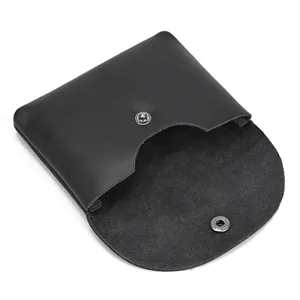 Black genuine leather snap coin purse minimalist card holder pocket wallet cowhide small bag