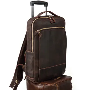 Vintage leather backpack for men, 15 inch crazy horse leather business laptop computer bag details.