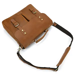Vintage crazy horse leather men's briefcase with shoulder strap, brown laptop bag.