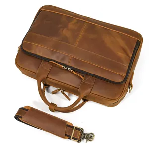 Men's vintage genuine leather briefcase laptop bag casual business messenger bag detail view