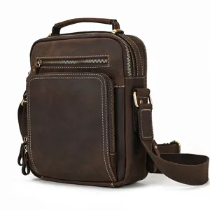 Vintage men genuine leather shoulder bag casual brown multi pocket crossbody bag for daily use.