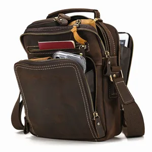 Vintage genuine leather men's shoulder bag multi-pocket crossbody bag for iPad business daily