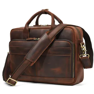 Vintage leather briefcase for men, professional business laptop bag with shoulder strap.