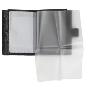 Black leather passport wallet detail view with transparent card slots and multiple card holder pockets.