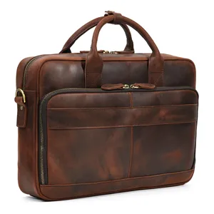Vintage brown leather briefcase for men, premium business laptop bag with multiple pockets.
