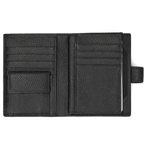 Detailed view of black leather passport wallet with multi card slots and coin pocket.